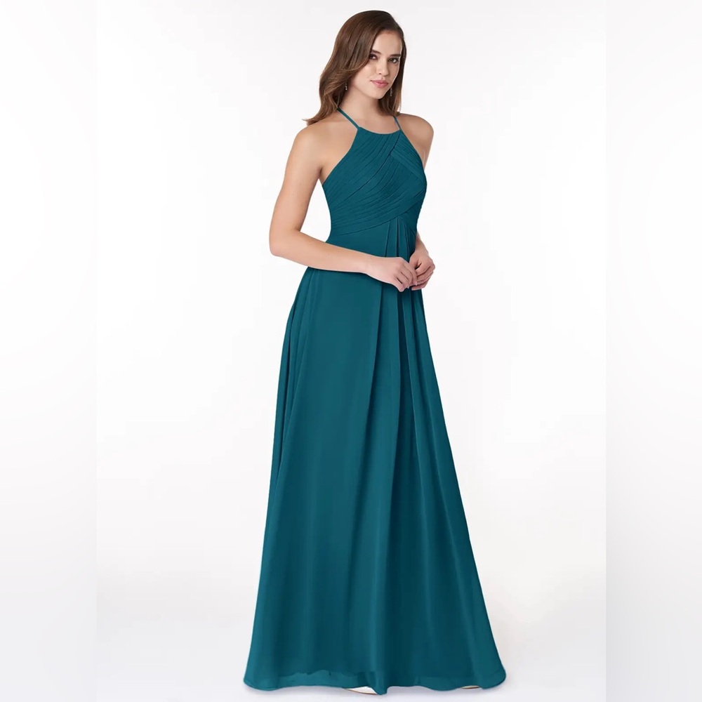 Azazie Ginger Chiffon Halter Maxi Bridesmaid Dress Ink Blue Size 0 New NWT